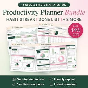 May include: A digital productivity planner bundle featuring four Google Sheets templates for 2027. The display shows dashboards with charts, graphs, and task trackers in a green and pink colour scheme, including text labels like Habit Streak and Done List.