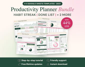 Planly Productivity Bundle: Habit Tracker, To-Do List, Class Act, Book Nook (Google Sheets)