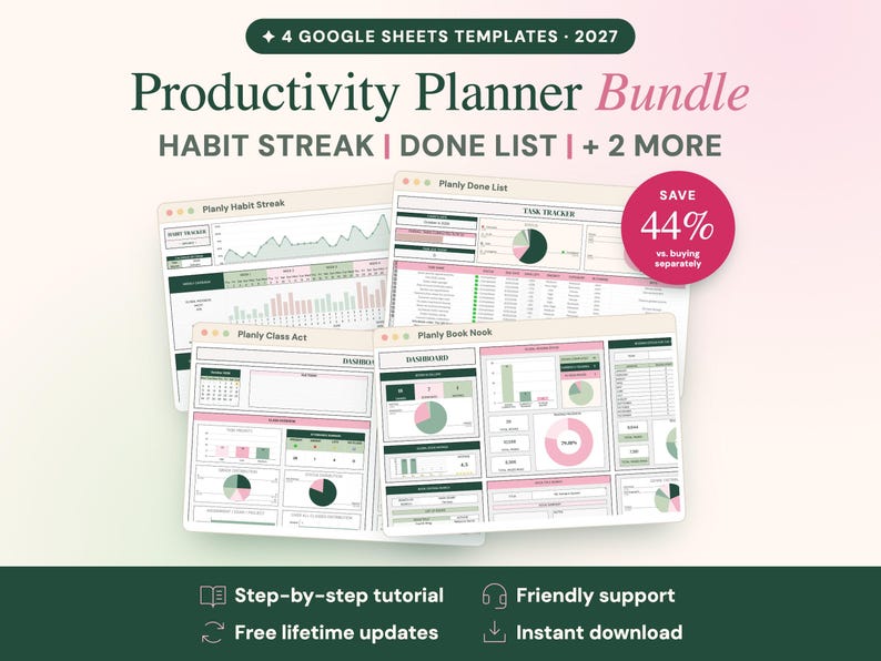 May include: A digital productivity planner bundle featuring four Google Sheets templates for 2027. The display shows dashboards with charts, graphs, and task trackers in a green and pink color scheme, including text labels like Habit Streak and Done List.