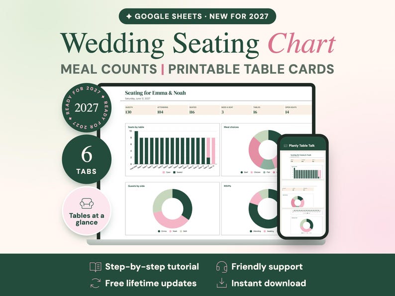 May include: A digital wedding seating chart template for Google Sheets, featuring bar graphs and pie charts for meal counts and table assignments. The interface displays data for Emma and Noah, with text labels including 6 TABS and Tables at a glance.