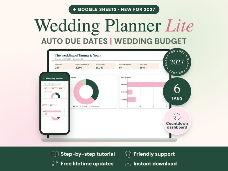 Puede incluir: Una plantilla digital de planificador de bodas para Google Sheets titulada Wedding Planner Lite. La interfaz muestra un panel con gr&aacute;ficos de presupuesto, conteo de invitados y progreso de RSVP en una pantalla de computadora y tel&eacute;fono m&oacute;vil.