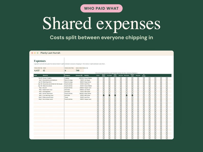 May include: A digital spreadsheet titled Who Paid What Shared expenses with the subtitle Costs split between everyone chipping in. The interface displays a table labeled Expenses with columns for date, item, category, amount, and payer names.
