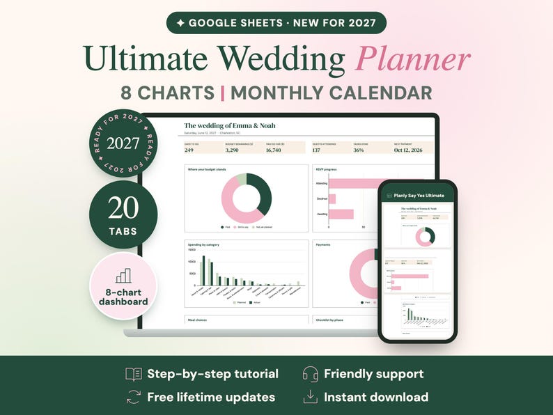 2027 Ultimat bröllopsplanerare Google Sheets, budget, sittplatser, kalender (digital nedladdning) bild 1