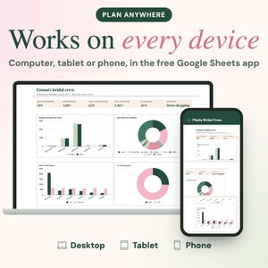 May include: A digital wedding planning dashboard displayed on a laptop and smartphone screen. The interface features charts, graphs, and text labeled Emma's bridal crew. Text includes PLAN ANYWHERE, Works on every device, and Computer, tablet or phone.