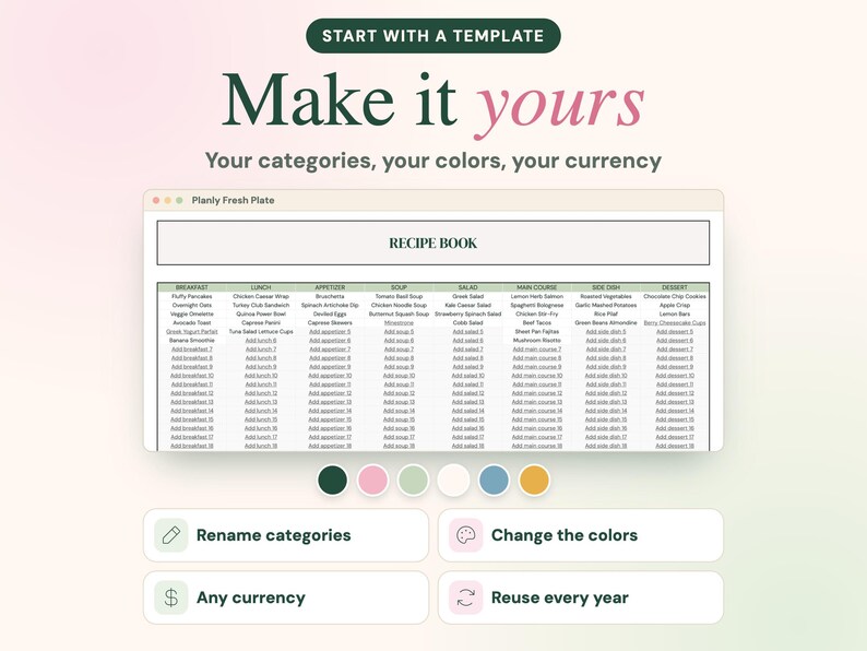 May include: A digital recipe book template titled Planly Fresh Plate with columns for breakfast, lunch, appetizer, soup, salad, main course, side dish, and dessert. Below the table are six colored circles and four buttons labeled Rename categories, Change the colors, Any currency, and Reuse every year.