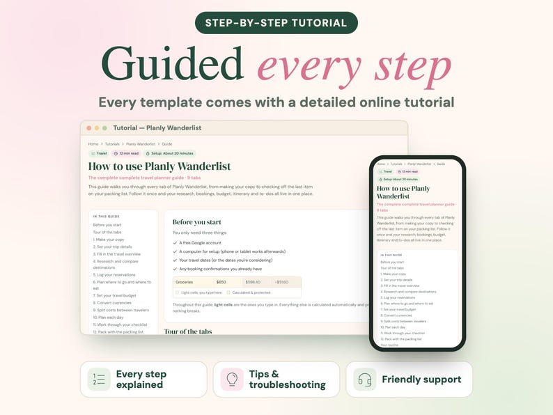 May include: A digital travel planner guide titled Planly Wanderlist displayed on a laptop screen and a smartphone screen. The interface includes text sections for tutorials, setup instructions, and a packing list. Below the screens are three icons labelled Every step explained, Tips & troubleshooting, and Friendly support.