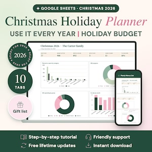 Puede incluir: Un planificador digital de vacaciones navide&ntilde;as para Google Sheets en una laptop y un tel&eacute;fono. La interfaz muestra gr&aacute;ficos, presupuestos y listas de regalos con texto que incluye Christmas 2026, 10 Tabs y Ready for 2026.