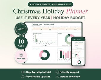 2026 Christmas Holiday Planner, Budget, Gift List, Cards, Menus (Google Sheets)
