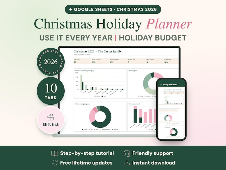 Puede incluir: Un planificador digital de vacaciones navide&ntilde;as para Google Sheets en una laptop y un tel&eacute;fono. La interfaz muestra gr&aacute;ficos, presupuestos y listas de regalos con texto que incluye Christmas 2026, 10 Tabs y Ready for 2026.