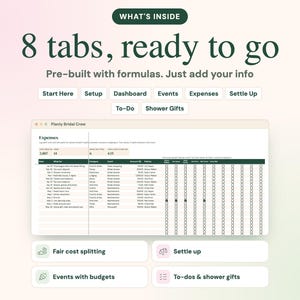 May include: A digital spreadsheet template titled Planly Bridal Crew featuring an Expenses tab with columns for date, item, category, event, amount, and paid by. The interface includes navigation buttons for Start Here, Setup, Dashboard, Events, Expenses, Settle Up, To-Do, and Shower Gifts.