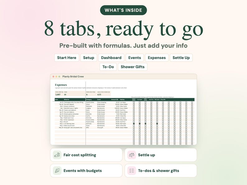 May include: A digital spreadsheet template titled Planly Bridal Crew featuring an Expenses tab with columns for date, item, category, event, amount, and paid by. The interface includes navigation buttons for Start Here, Setup, Dashboard, Events, Expenses, Settle Up, To-Do, and Shower Gifts.
