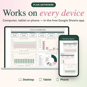 May include: A digital budget planner displayed on a laptop and smartphone screen. The interface features an annual dashboard with charts, graphs, and financial summaries. Text includes PLAN ANYWHERE, Works on every device, and Planly Money Map Plus.