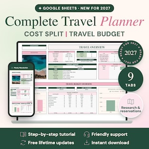 May include: A digital travel planner for Google Sheets titled Complete Travel Planner Cost Split Travel Budget. The interface displays a travel overview, budget summary, and expense charts on a laptop screen and a mobile phone screen.