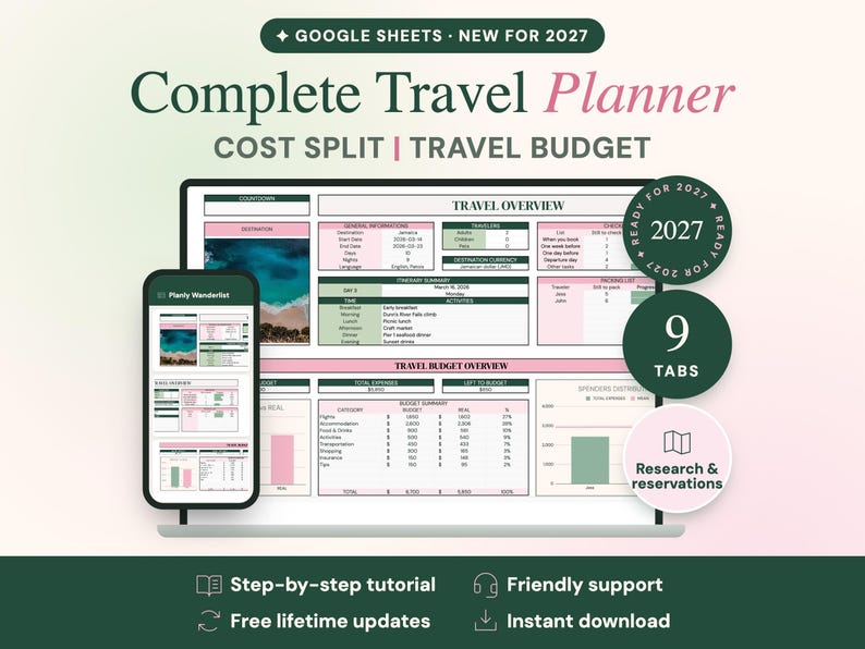 May include: A digital travel planner for Google Sheets titled Complete Travel Planner Cost Split Travel Budget. The interface displays a travel overview, budget summary, and expense charts on a laptop screen and a mobile phone screen.