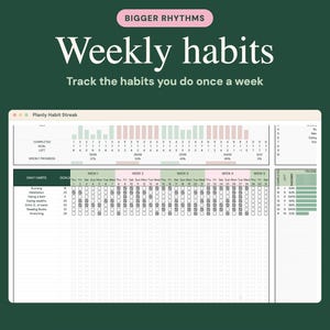 May include: A digital weekly habit tracker interface titled BIGGER RHYTHMS Weekly habits. The layout features a grid for tracking daily tasks like running and meditation, with columns for five weeks, progress bars, and numerical goal completion data.