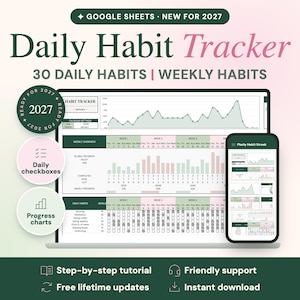 May include: A digital daily habit tracker for Google Sheets, featuring a laptop and smartphone display with charts, progress bars, and checkboxes. Text includes Daily Habit Tracker, 30 Daily Habits, Weekly Habits, and Ready for 2027.