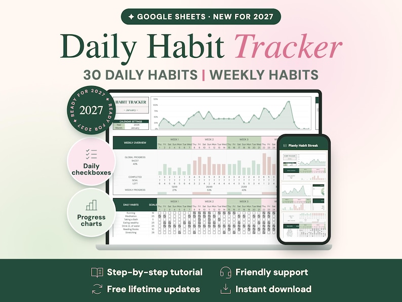 May include: A digital daily habit tracker for Google Sheets, featuring a laptop and smartphone display with charts, progress bars, and checkboxes. Text includes Daily Habit Tracker, 30 Daily Habits, Weekly Habits, and Ready for 2027.