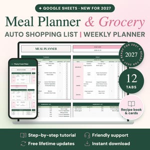 May include: A digital meal planner and grocery auto shopping list for Google Sheets, displayed on a laptop and smartphone screen. The interface features a weekly planner layout with green and pink accents, 12 tabs, and a recipe book section.