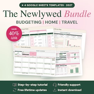 May include: A digital bundle of four Google Sheets templates for 2027 titled The Newlywed Bundle, featuring budgeting, home, and travel planning tools. The interface displays charts, calendars, and financial dashboards in pink and green.