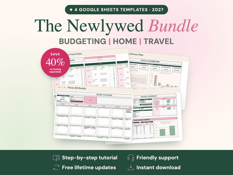 May include: A digital bundle of four Google Sheets templates for 2027 titled The Newlywed Bundle, featuring budgeting, home, and travel planning tools. The interface displays charts, calendars, and financial dashboards in pink and green.