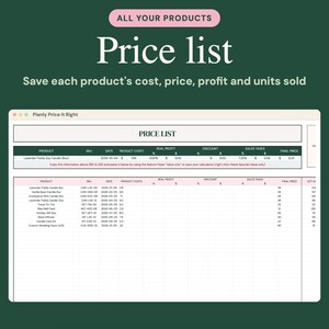 May include: A digital spreadsheet interface titled Planly Price It Right, featuring a price list table with columns for product, SKU, date, cost, profit, discount, sales tax, final price, and units sold, set against a dark green background.