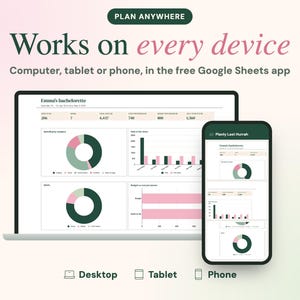 May include: A digital planning tool displayed on a laptop and smartphone screen. The interface shows Emma's bachelorette budget with charts and graphs. Text reads: PLAN ANYWHERE, Works on every device, Computer, tablet or phone, in the free Google Sheets app.