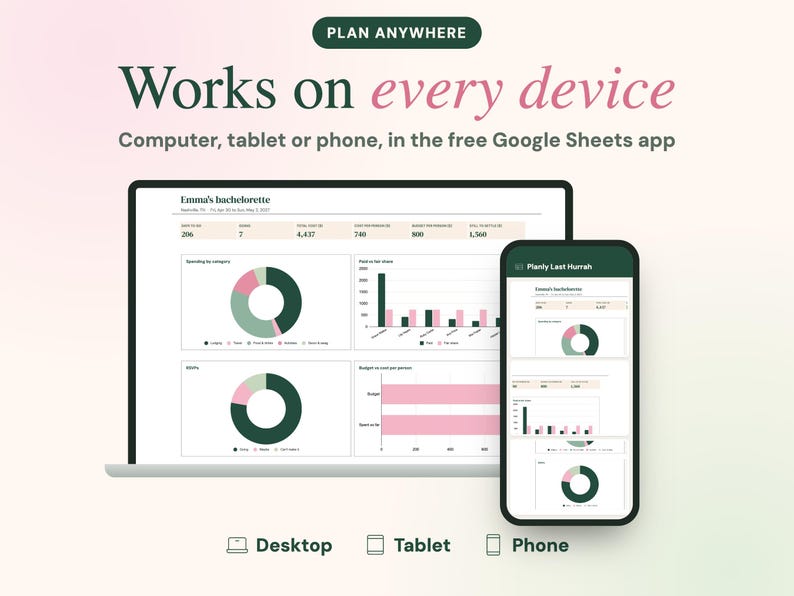 May include: A digital planning tool displayed on a laptop and smartphone screen. The interface shows Emma's bachelorette budget with charts and graphs. Text reads: PLAN ANYWHERE, Works on every device, Computer, tablet or phone, in the free Google Sheets app.