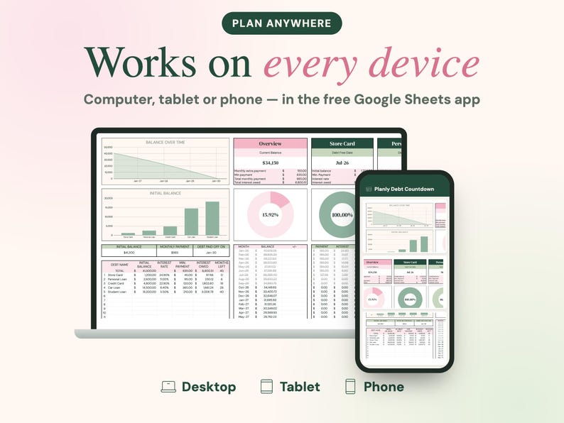 May include: A digital debt tracker spreadsheet displayed on a laptop screen and a smartphone. The interface features charts, tables, and financial data in pink and green. Text includes PLAN ANYWHERE, Works on every device, and Planly Debt Countdown.