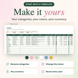 May include: A digital spreadsheet template titled Planly Say Yes, featuring a vendor tracking table with columns for category, vendor, contact, phone, email, website, costs, deposits, balances, and status, plus six color circles and four feature buttons.