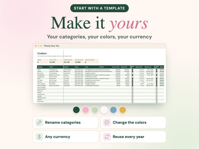 May include: A digital spreadsheet template titled Planly Say Yes, featuring a vendor tracking table with columns for category, vendor, contact, phone, email, website, costs, deposits, balances, and status, plus six color circles and four feature buttons.