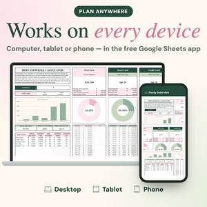 May include: A digital debt snowball calculator spreadsheet displayed on a laptop screen and a smartphone. The interface features dark green and soft pink colour blocks, charts, and tables for tracking balances, interest rates, and monthly payments.
