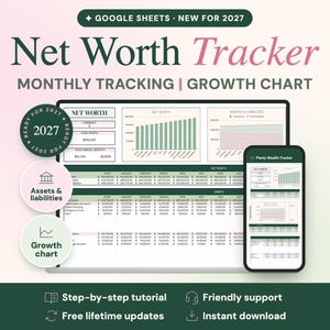Puede incluir: Una plantilla de Google Sheets para el seguimiento del patrimonio neto en 2027 con gr&aacute;ficos de crecimiento mensual. La pantalla muestra tablas de datos financieros, gr&aacute;ficos de barras y comparativas de activos y pasivos en un port&aacute;til y m&oacute;vil.