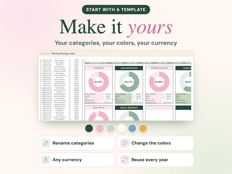 May include: A digital savings tracker template titled Planly Savings Jars featuring a list of transactions and multiple circular progress charts in pink and green. Below are buttons for renaming categories, changing colors, currency, and reuse.