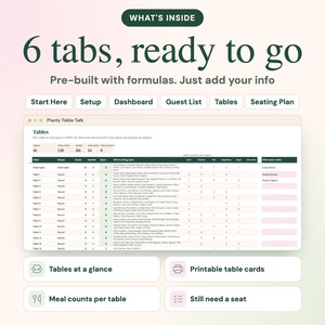 May include: A digital spreadsheet interface titled Planly Table Talk featuring six tabs labeled Start Here, Setup, Dashboard, Guest List, Tables, and Seating Plan. The display shows a table layout with columns for guest names and meal counts.