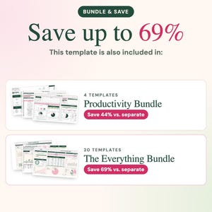 Może przedstawiać: Cyfrowa grafika przedstawiająca ofertę pakietową z tekstem Save up to 69%. Zawiera zestaw 4 szablon&oacute;w Productivity Bundle z 44% oszczędnością oraz zestaw 20 szablon&oacute;w The Everything Bundle z 69% oszczędnością, wraz z małymi podglądami.
