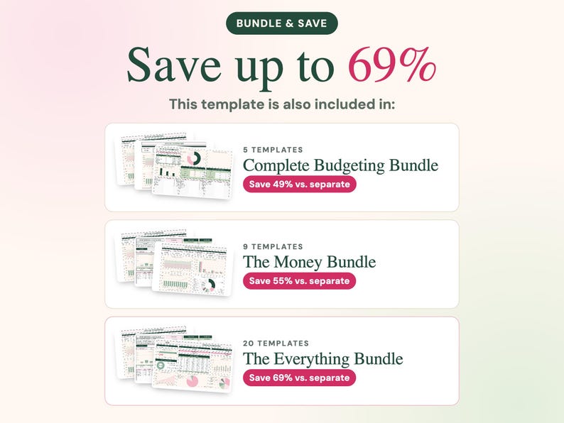 Puede incluir: Un gr&aacute;fico digital que muestra opciones de paquetes para plantillas de presupuesto. El texto incluye Bundle & Save, Save up to 69% y enumera tres opciones: Complete Budgeting Bundle con 5 plantillas, The Money Bundle con 9 plantillas y The Everything Bundle con 20 plantillas.