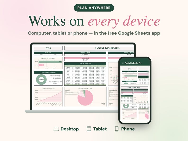 K&ouml;nnte beinhalten: Ein digitales Jahres-Dashboard als Tabellenkalkulation auf einem Laptop- und Smartphone-Bildschirm. Die Oberfl&auml;che enth&auml;lt Text wie PLAN ANYWHERE, Works on every device und Planly Biz Books Pro sowie Diagramme in Gr&uuml;n und Rosa.