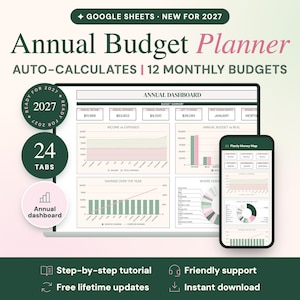 May include: A digital annual budget planner for Google Sheets, featuring an annual dashboard with charts, income and expense tracking, and 12 monthly budgets. The display shows a laptop and smartphone interface with green and pink accents.