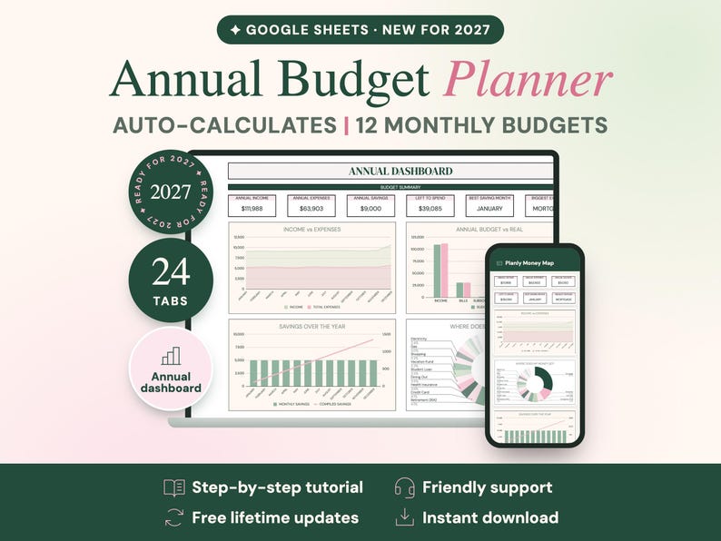 Pu&ograve; includere: Un pianificatore di budget annuale digitale per Google Sheets, con dashboard, grafici, monitoraggio di entrate e uscite e 12 budget mensili. L'interfaccia &egrave; visualizzata su un computer portatile e uno smartphone.
