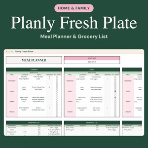 Pu&ograve; includere: Un modello digitale di pianificatore di pasti e lista della spesa intitolato Planly Fresh Plate. L'interfaccia presenta colonne per categorie di pasti, alimenti, porzioni e caselle di controllo, organizzate per giorno su uno sfondo verde scuro.