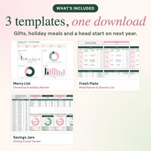 Puede incluir: Tres plantillas digitales para la planificaci&oacute;n de festividades, incluyendo un planificador navide&ntilde;o Merry List, un planificador de comidas Fresh Plate con lista de compras y un rastreador de ahorros Savings Jars con gr&aacute;ficos.