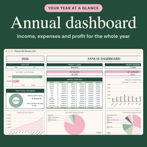 May include: A digital annual dashboard spreadsheet titled Planly Biz Books Lite for 2026. The interface displays financial data including income, expenses, profit, and loss, featuring bar charts, pie charts, and tables in shades of green and pink.