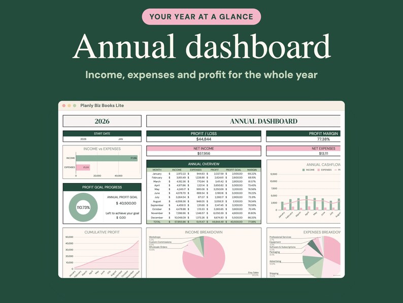 May include: A digital annual dashboard spreadsheet titled Planly Biz Books Lite for 2026. The interface displays financial data including income, expenses, profit, and loss, featuring bar charts, pie charts, and tables in shades of green and pink.