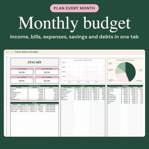 May include: A digital monthly budget spreadsheet template on a dark green background. The interface features the text Plan Every Month, Monthly budget, and Income, bills, expenses, savings and debts in one tab, with tables for January data.