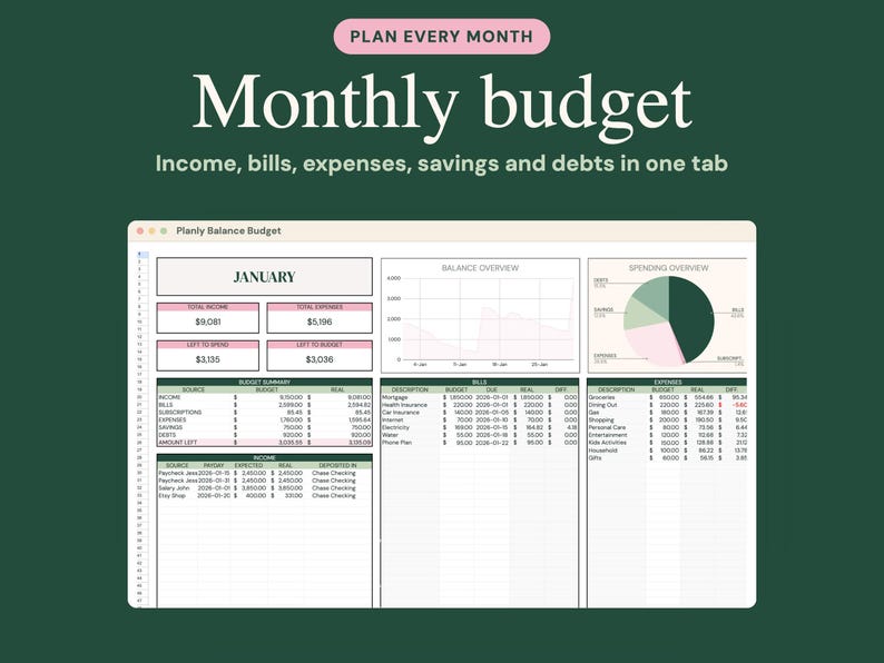 May include: A digital monthly budget spreadsheet template on a dark green background. The interface features the text Plan Every Month, Monthly budget, and Income, bills, expenses, savings and debts in one tab, with tables for January data.