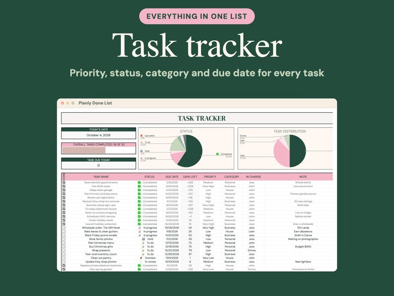 May include: A digital task tracker spreadsheet displayed on a screen with a dark green background. The interface includes a task list, pie charts for status and distribution, and columns for task name, status, due date, priority, and category.