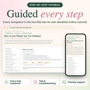 May include: A digital tutorial guide for a wedding planner template titled Planly Say Yes Ultimate, displayed on a laptop screen and a smartphone. The interface includes text, checklists, and sections for vendor quotes, budgets, and guest lists, with icons for support and tips.