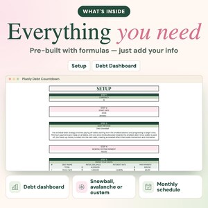 May include: A digital debt tracker interface titled Planly Debt Countdown. The screen displays a setup page with steps for currency, start date, debt method, monthly extra payment, and a table for debt names, balances, and interest rates.