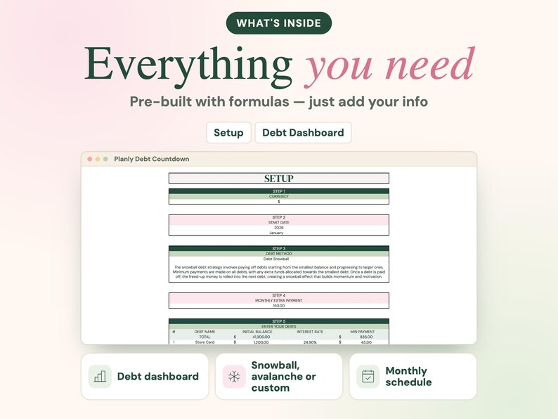 May include: A digital debt tracker interface titled Planly Debt Countdown. The screen displays a setup page with steps for currency, start date, debt method, monthly extra payment, and a table for debt names, balances, and interest rates.