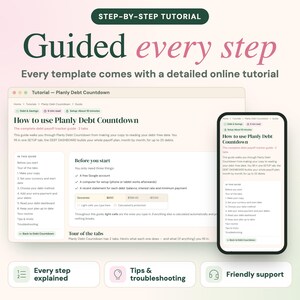May include: A digital tutorial interface for the Planly Debt Countdown tracker displayed on a laptop screen and a smartphone. The text reads Step-by-Step Tutorial, Guided every step, and How to use Planly Debt Countdown with instructions.